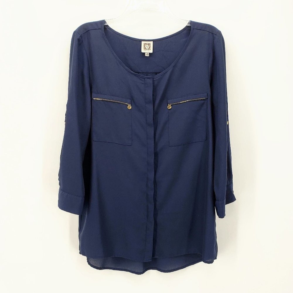 ANNE KLEIN Navy Gold Button Down Blouse Top M